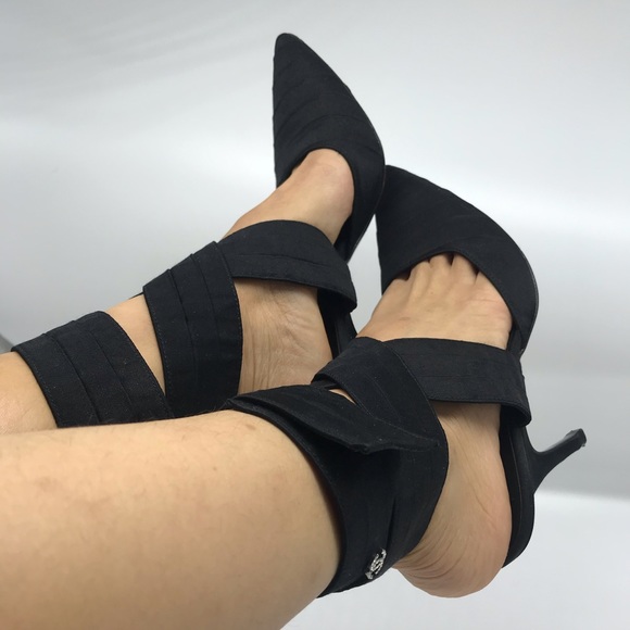 Chanel Black Ankle Strap Wrap Heels - Picture 2 of 8